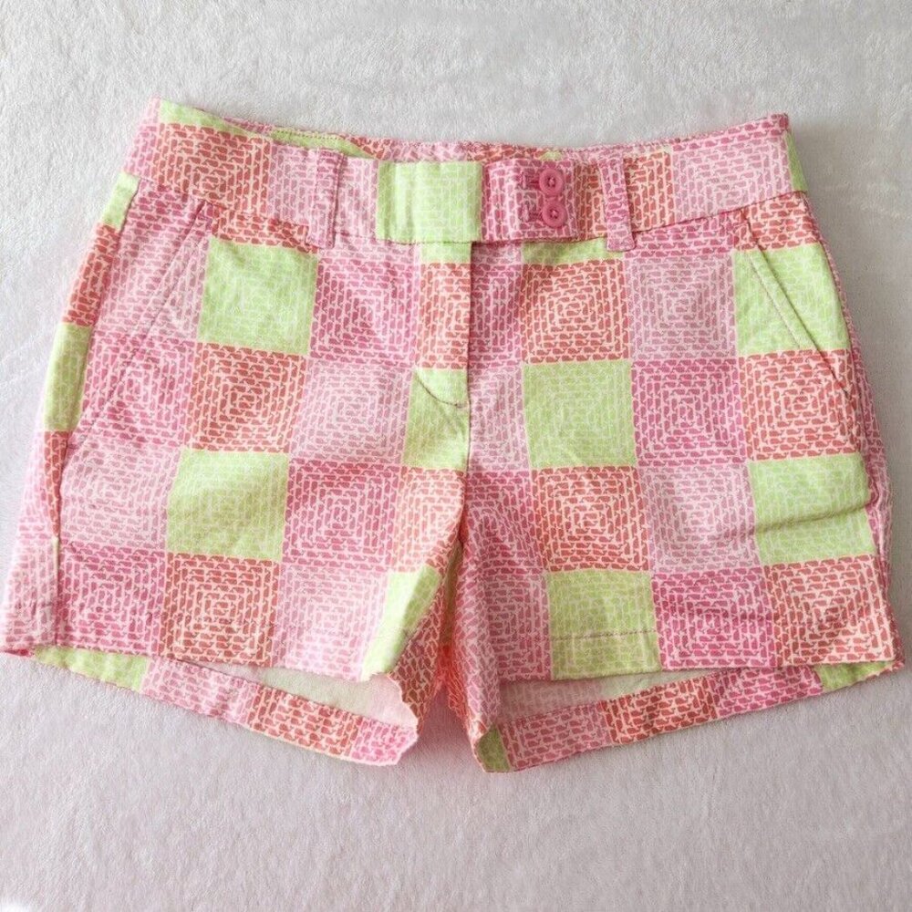 Vineyard Vines Patchwork Whale Print Shorts Size 0 Pink Green Low‎ Rise Preppy